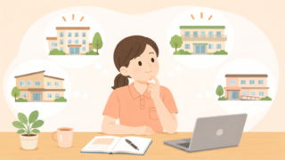 複数の施設を見比べている介護士のイラスト