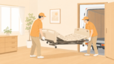 スタッフが介護ベッドをトラックへ運び出しているイラスト