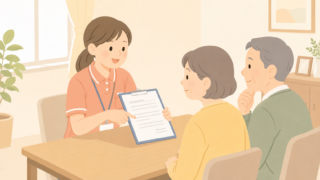 相談員が家族に契約書を説明しているイラスト