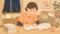 介護士が夜に参考書で試験勉強をしているイラスト