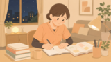 介護士が夜に参考書で試験勉強をしているイラスト