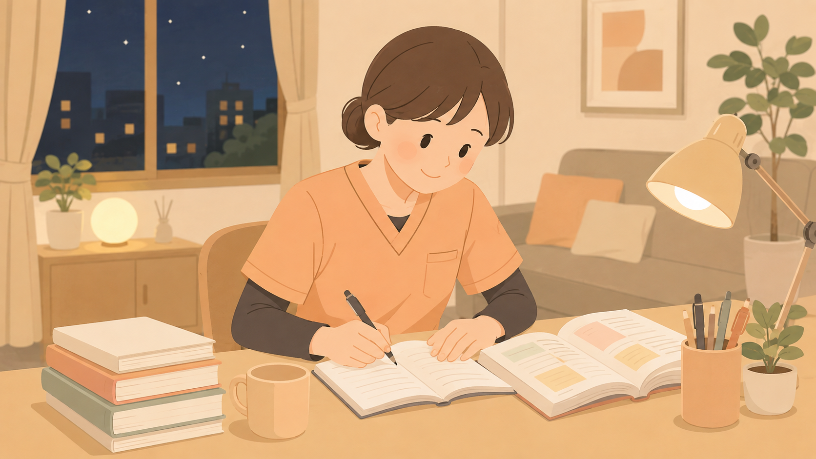 介護士が夜に参考書で試験勉強をしているイラスト