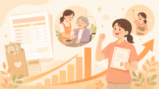 介護士が資格証を持ちガッツポーズしているイラスト