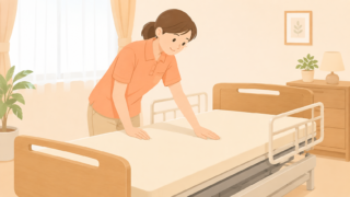 介護士が介護ベッドのマットレスを確認しているイラスト