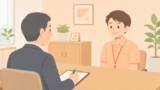 介護士が面接官と面接をしているイラスト