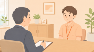 介護士が面接官と面接をしているイラスト
