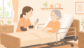 介護士が背もたれを起こした介護ベッドで利用者をケアしているイラスト