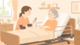 介護士が背もたれを起こした介護ベッドで利用者をケアしているイラスト