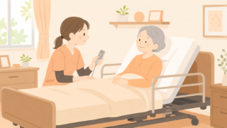 介護士が背もたれを起こした介護ベッドで利用者をケアしているイラスト