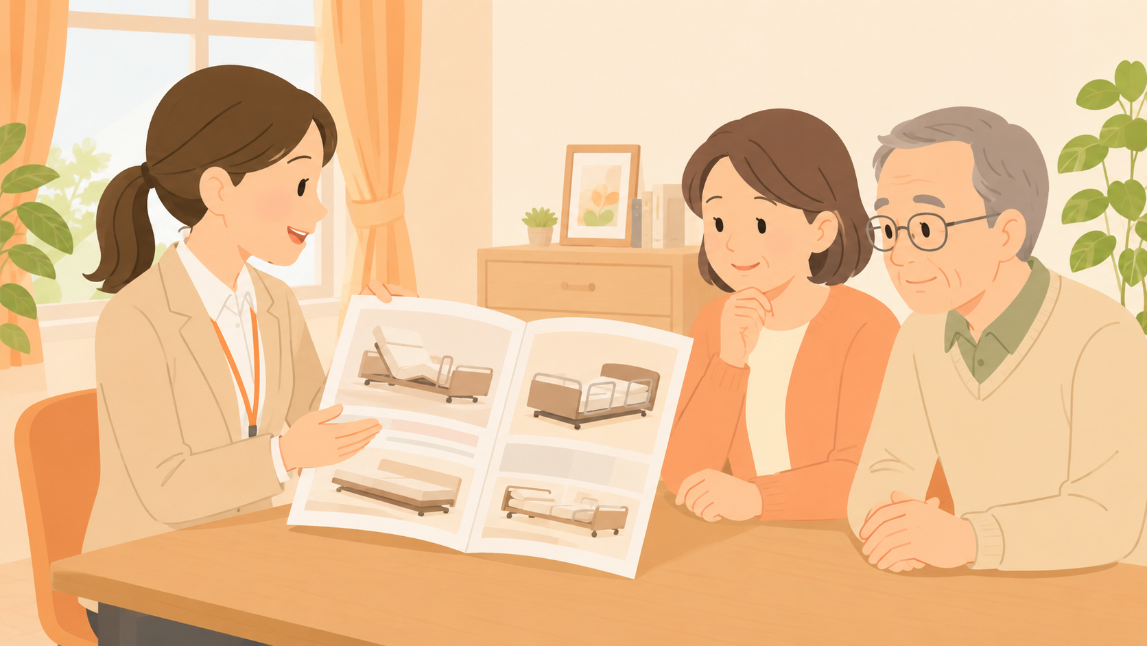 福祉用具専門相談員が家族に介護ベッドのカタログを説明しているイラスト