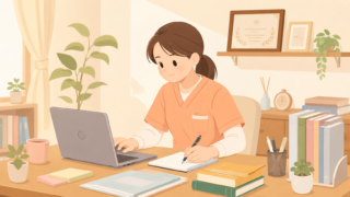 パソコンとノートで書類を作成する介護士のイラスト
