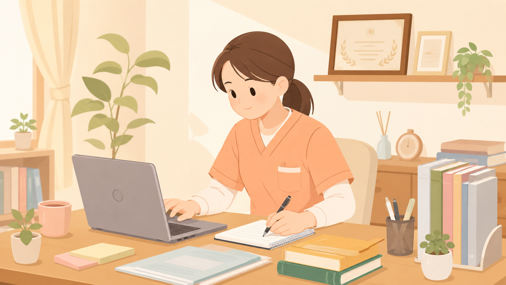 パソコンとノートで書類を作成する介護士のイラスト