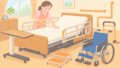 介護ベッドと周辺の福祉用具が並ぶ部屋のイラスト