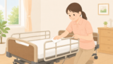 介護士がベッドフレームを拭いているイラスト