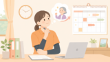 カレンダーと時計を見ながら考える介護士のイラスト