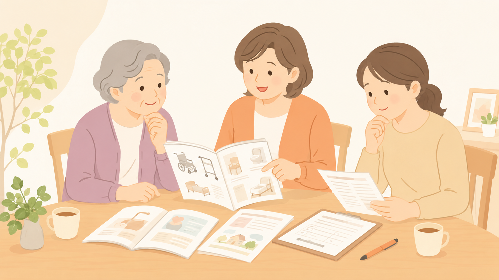 家族と高齢者が福祉用具カタログを見ながら相談しているイラスト