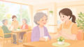 デイサービスで介護士が高齢者と笑顔で話しているイラスト