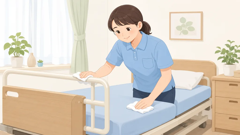 介護ベッドの手すりとマットレスを拭き掃除し、お手入れと衛生管理を行う介護士のイラスト