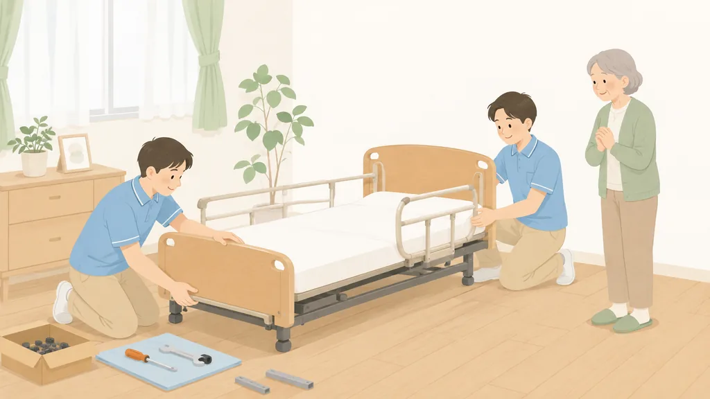 作業員2人が寝室で介護ベッドを組み立て高さや位置を調整しているイラスト。搬入・設置の流れのイメージ