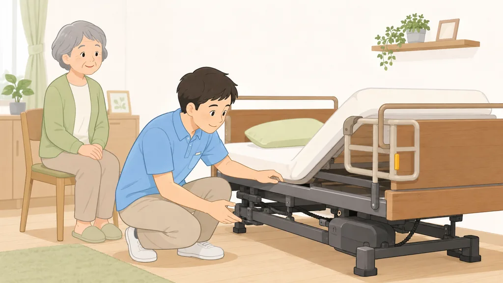 介護ベッドのフレームとモーター部分を点検し、寿命や買い替えのタイミングを確認する福祉用具専門相談員のイラスト