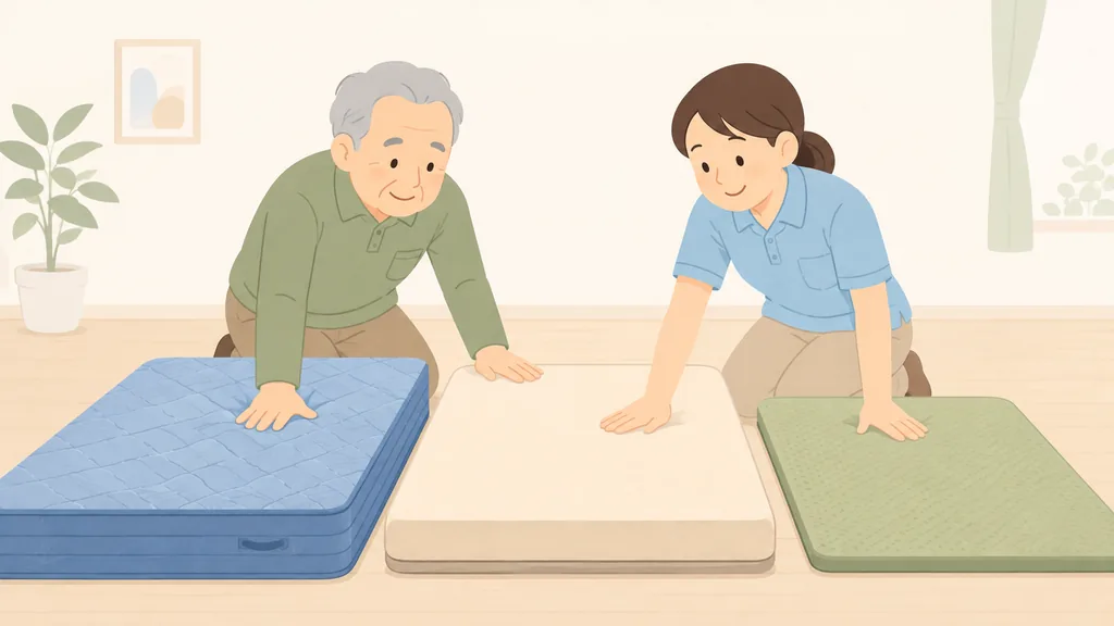 硬さや素材の異なる3枚の介護ベッド用マットレスを高齢者と介護職が手で押して比べているイラスト。床ずれ予防と寝返りのしやすさを考えたマットレスの選び方
