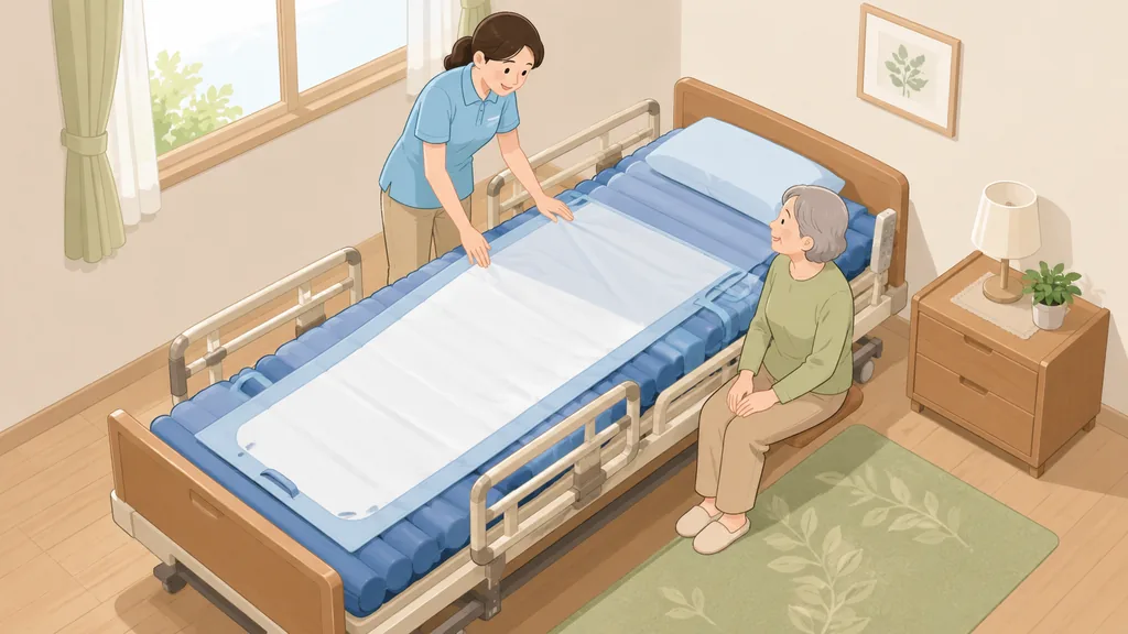 レンタルした介護ベッドに体圧分散マットレスとシーツをセットする介護士のイラスト。介護保険を使ったレンタルの準備のイメージ
