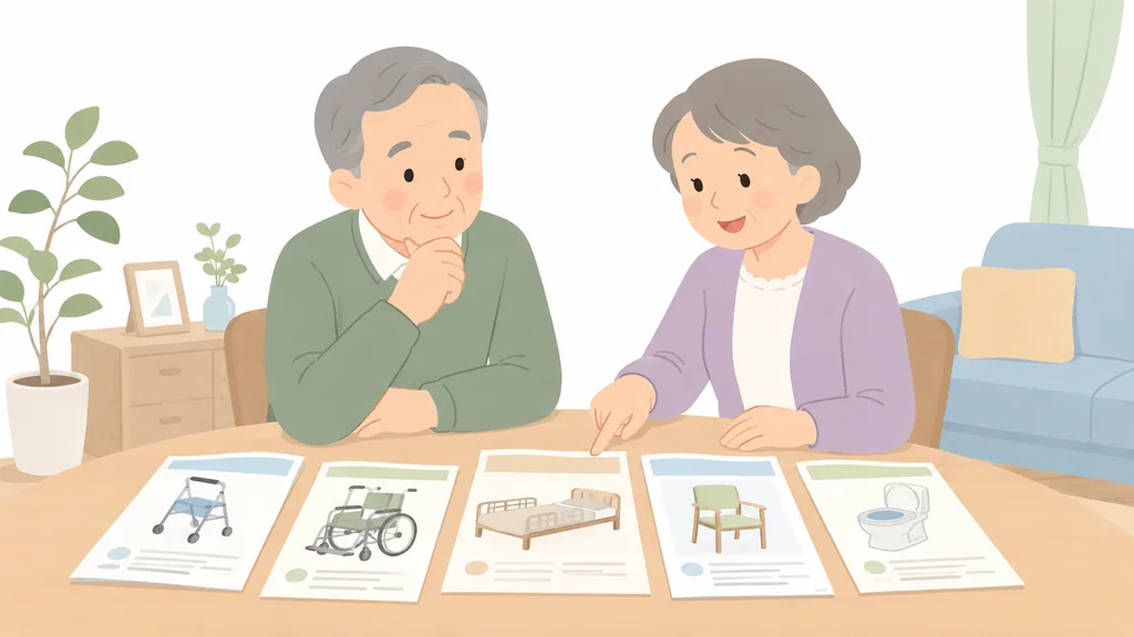 歩行器・車椅子・介護ベッド・いす・ポータブルトイレのパンフレットを見比べる高齢の夫婦のイラスト。介護ベッドと一緒に揃えたい周辺福祉用具の検討