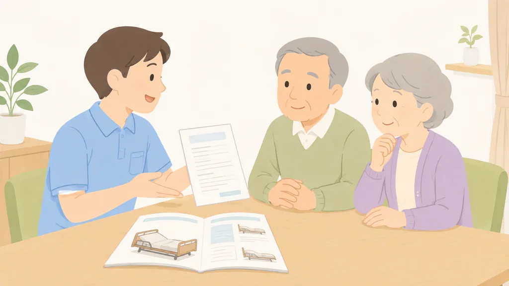 高齢の夫婦に契約書と介護ベッドのパンフレットを見せ、レンタル契約で確認すべきポイントを説明する福祉用具専門相談員のイラスト