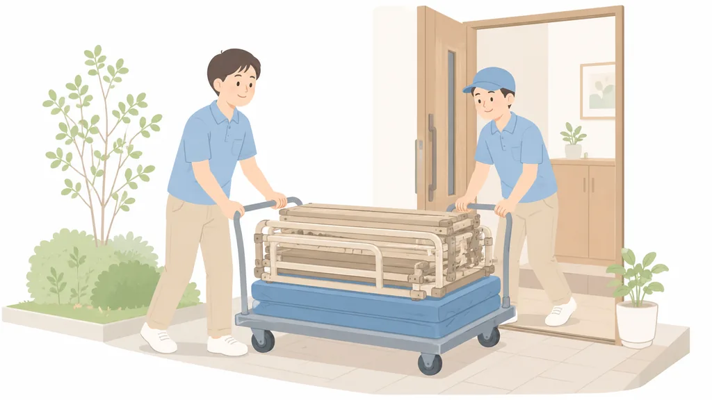 分解した介護ベッドを台車に載せて玄関から搬出する作業員のイラスト。レンタル返却や購入品の処分のイメージ