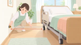 介護士がメジャーで介護ベッドとの距離を測っているイラスト