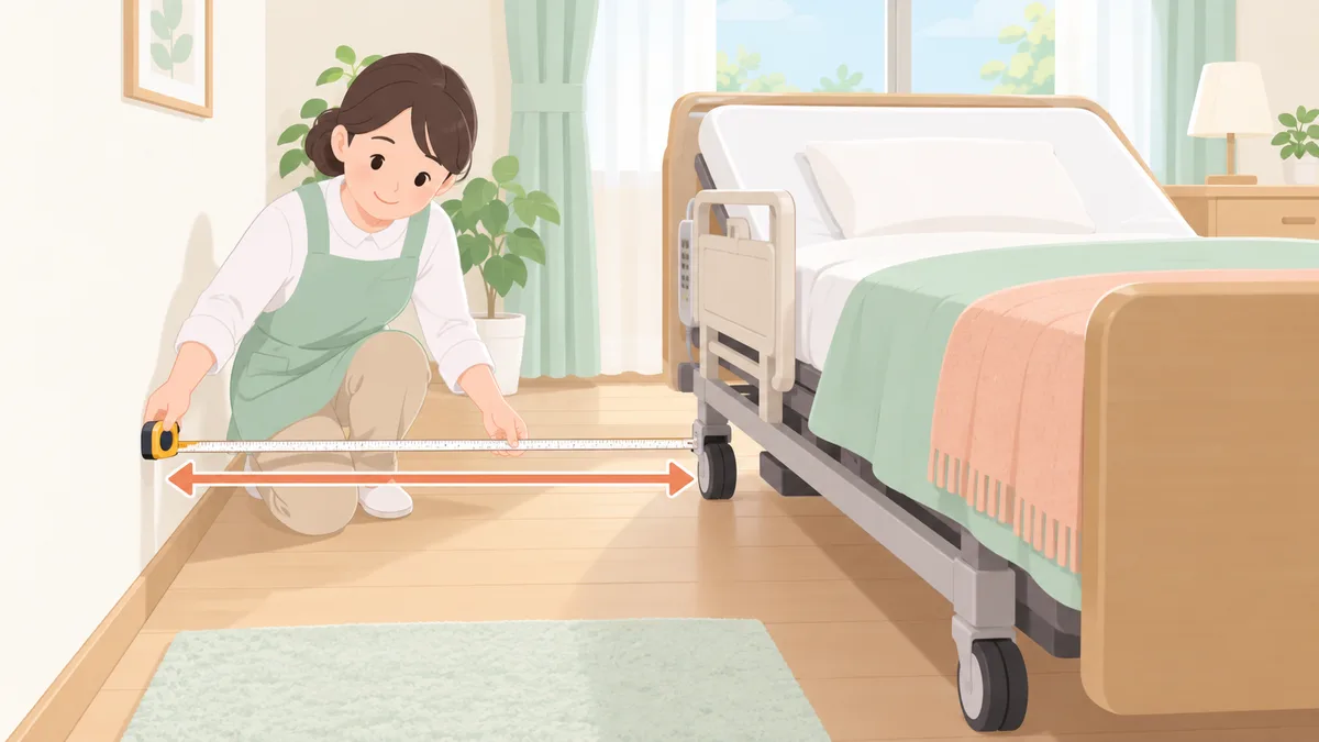 介護士がメジャーで介護ベッドとの距離を測っているイラスト