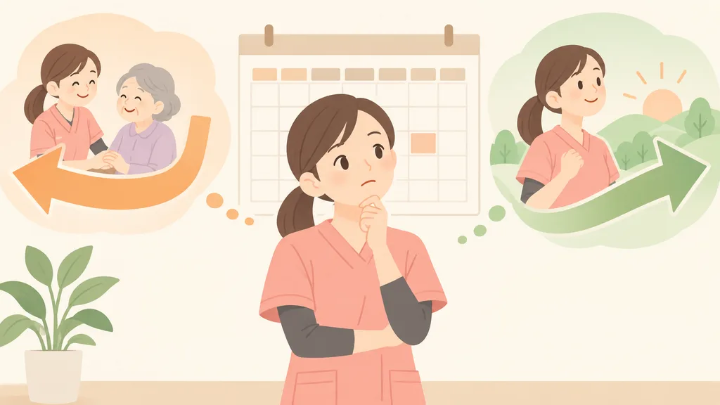 転職タイミングを考える介護職の女性のイラスト