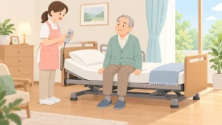介護士がリモコンでベッドの高さを調整し高齢者の足が床につくイラスト