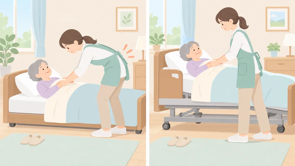低いベッドで前かがみになる介助者と適切な高さのベッドで介助する介助者を比較したイラスト