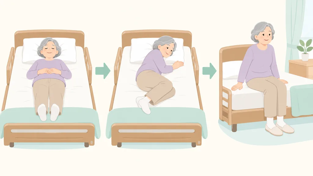 仰向けから横向き、端座位までの起き上がりの流れを示すイラスト