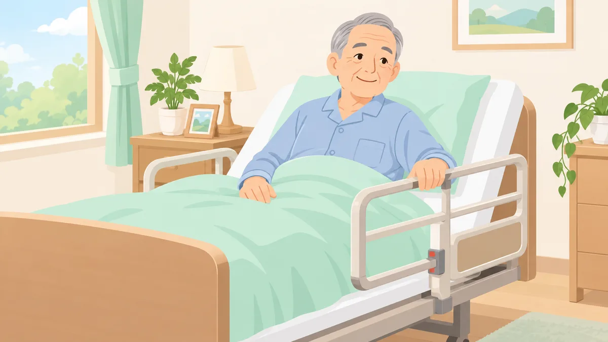 介護ベッドのサイドレールに手をかけて体を支える高齢者のイラスト