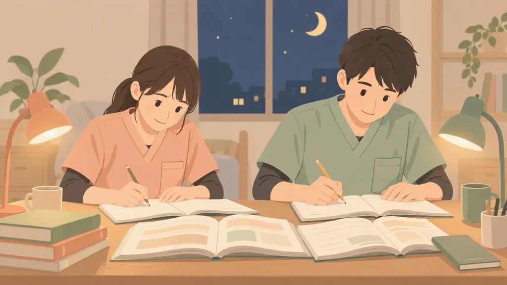 介護福祉士国家試験に向けて勉強する男女のイラスト