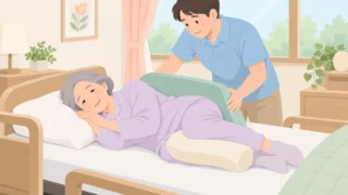 介護士が横向きに寝た高齢者の背中にクッションを当てて体位変換するイラスト
