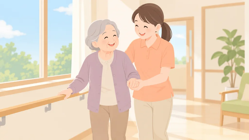日中に高齢者の歩行介助をする介護士のイラスト