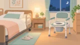 ベッドのそばにポータブルトイレが置かれた寝室のイラスト