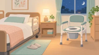 ベッドのそばにポータブルトイレが置かれた寝室のイラスト