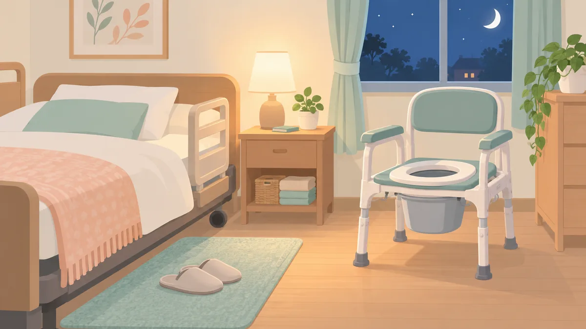 ベッドのそばにポータブルトイレが置かれた寝室のイラスト