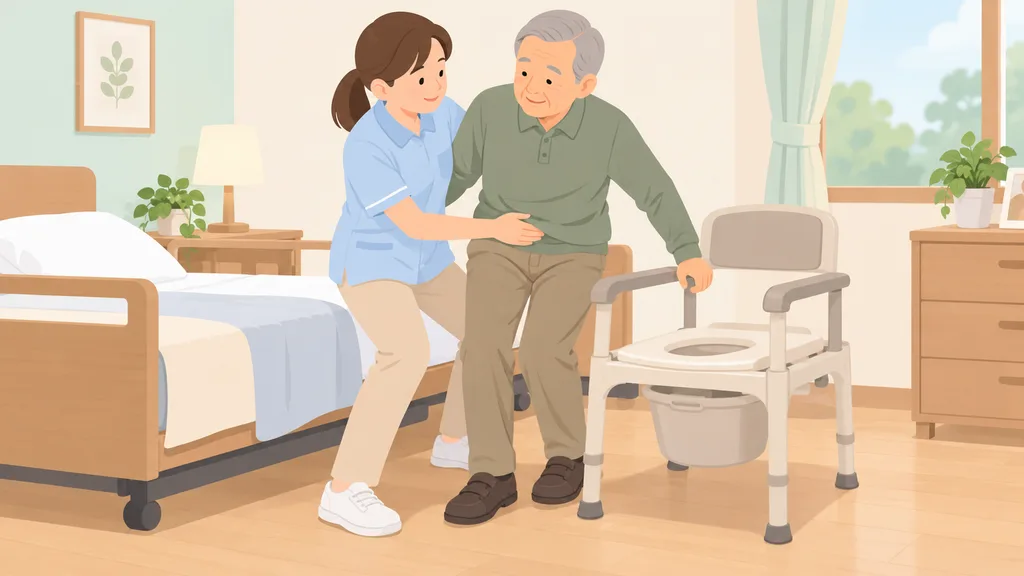 介護士がベッドからポータブルトイレへの移乗を介助するイラスト