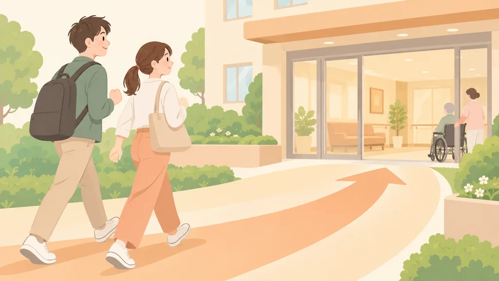 介護施設に向けて第一歩を踏み出す若者のイラスト