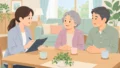 認定調査員が高齢者と家族に聞き取りを行うイラスト