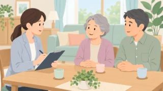 認定調査員が高齢者と家族に聞き取りを行うイラスト