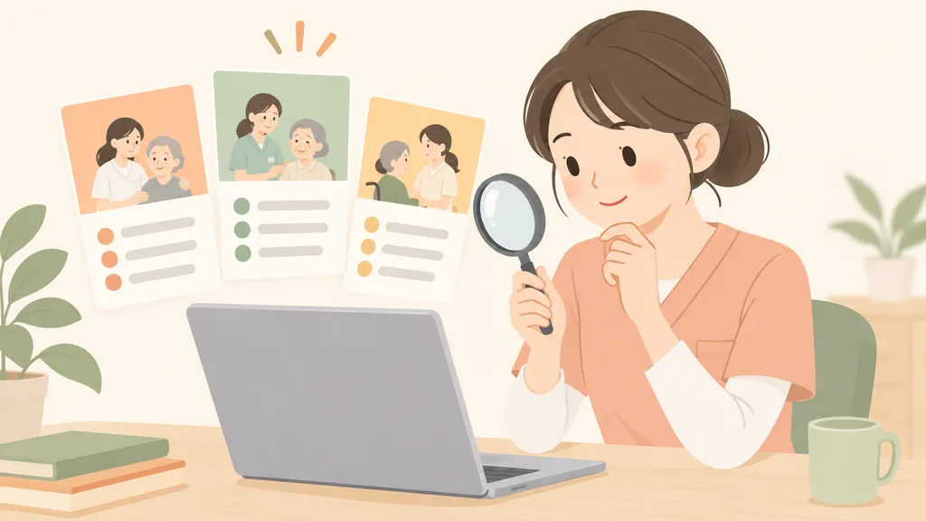 転職サイトを比較検討する介護職の女性のイラスト