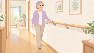 廊下に手すりが取り付けられ高齢者が歩いているイラスト
