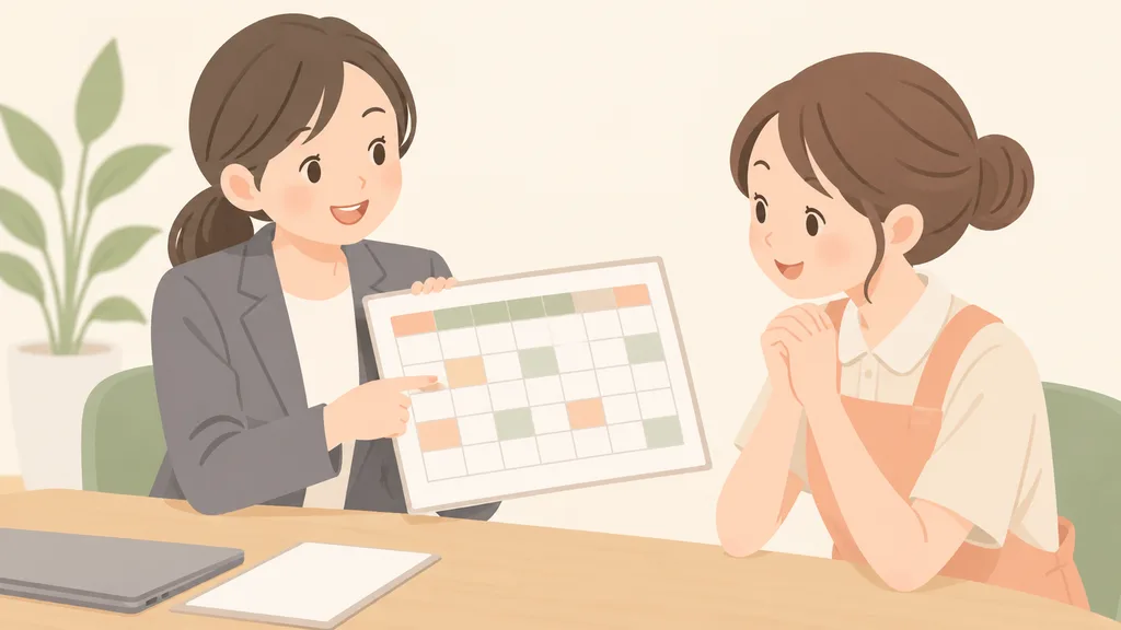 派遣のシフトを説明する担当者と介護職の女性のイラスト
