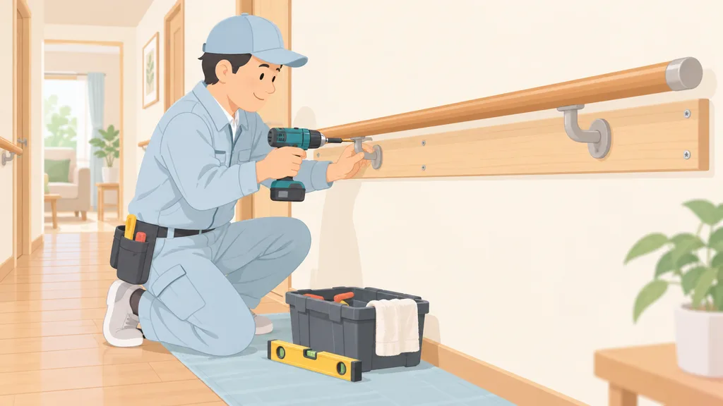 作業員が壁に手すりを取り付けている施工中のイラスト